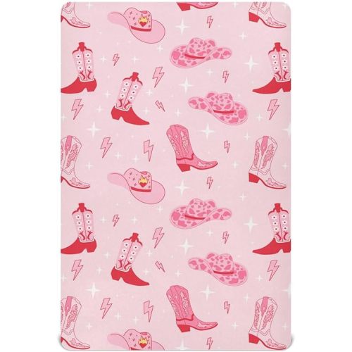Pink Western Cowgirl Boots Crib Sheets Soft Breathable Fitted Baby Crib Sheets Mattress Cover for Girl Boys, 52" x 28" x 9"