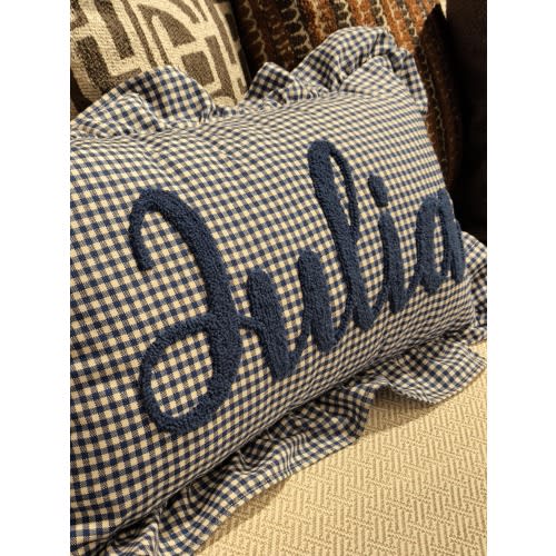 Custom Baby Name Bedding Pillow, Embroidered Gingham Throw Cushion, Soft Ruffle Nursery Decor, Personalized Cotton Gift for Baby Room