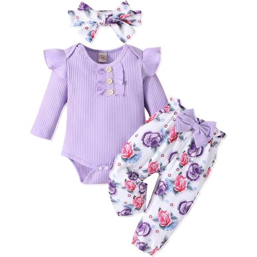 GDTOGRT Baby Girl Clothes Newborn Infant Outfits Ruffle Romper+ Floral Pants + Cute Headband Sets for Girls