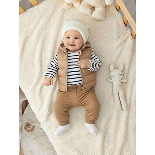 SHEIN 3pcs Newborn Baby Boy/Girl Black And White Striped Long Sleeve Bodysuit,Pants,Hooded Hat & Sleeveless Jacket Set,Cute Casual Autumn Club Outfit,Winter | SHEIN USA