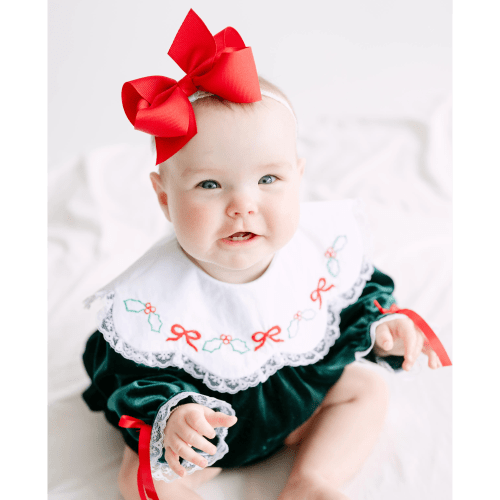 Girls Green Velvet Holly & Bows Collared Bubble – Little Bear Smocks