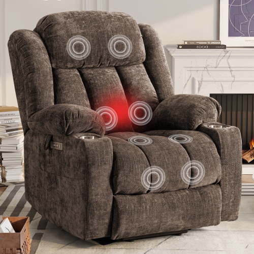 JULY'S SONG Oversized Recliner Chair with Heat and Massage, Power Lift Chairs for elderly with Cup Holders, Heavy Duty Electric Recliners for Adults with USB & Type C ports, Chenille Brown