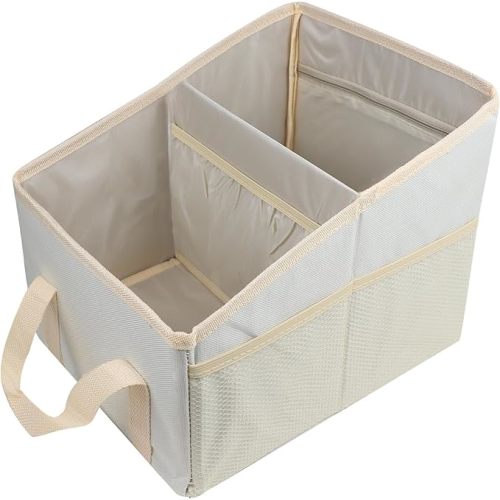 Hovom Car Organizer, Automotive Passenger Seat Organizer, Car Caddy with Multiple Compartments & Pockets, Collapsible Small Vehicle Storage Organizers for Front and Back Seat, Trunk, Floor (Beige)