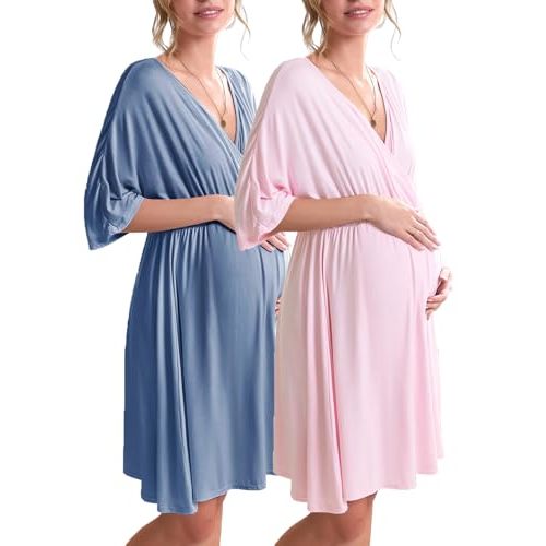 Ekouaer 3 in 1 Labor/Delivery/Hospital Gown 2 Pack Maternity Dress Nursing Nightgown Sleepwear