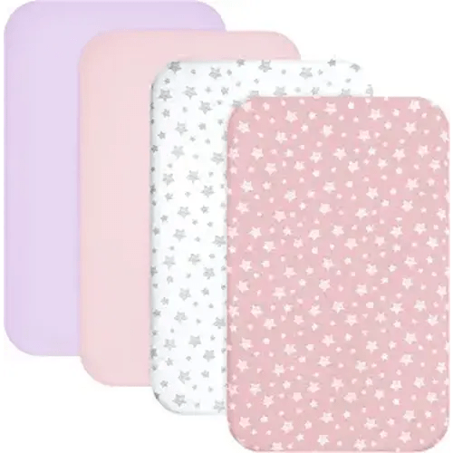 Mini Crib Sheets Fitted 4 Pack for Girls (38" X 24"), Compatible with Dream on Me, Delta Porta Crib and Arms Reach Ideal Cosleeper, Pink