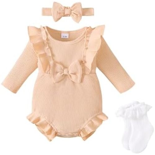 Renotemy Baby Girl Clothes Ruffle Bodysuit Romper Long Sleeve Cotton Outfit with Headband Preemie Newborn Fall Winter Gifts