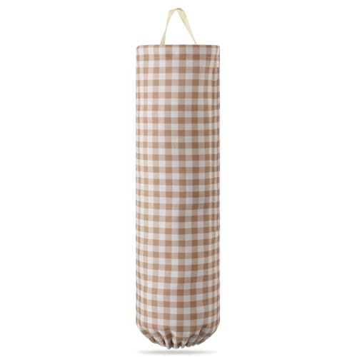 Gingham Plastic Bag Holder, Wall Mount Grocery Bag Storage Organizer, Hanging Buffalo Check Plaid Trash Bags Dispenser for Farmhouse Home Kitchen Pantry Laundry Room Decor(Taupe)