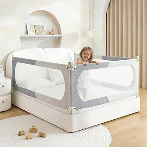 Bed Rail for Toddlers Twin, Full, Queen, King & Cal kingMattress Size | Swing Down Rail Guard | Mattress Side Rail for Kids (Gray and White, (3 Sides for Twin Size) 75x75x39 Inch)