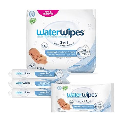 WaterWipes Sensitive+ Newborn & Baby Wipes, 3-In-1 Cleans, Cares, Protects, 99.9% Water, Unscented & Hypoallergenic, 240 Count (4 Packs)