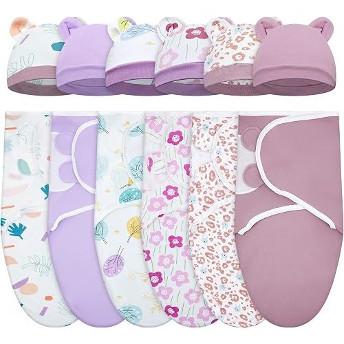 Ramede 6 Pack Swaddle Blanket with Hats for Baby Girl Boy 100% Cotton Swaddles 0-3 Months, Adjustable Breathable Skin Friendly Receiving Blanket Wrap, Essential for Newborns(Tree,Purple)