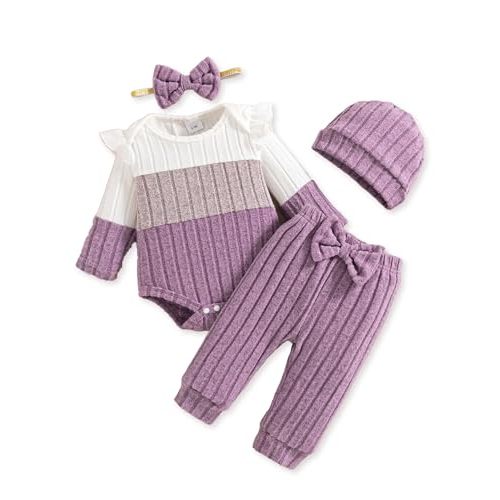 Mioglrie Newborn Baby Girl Clothes Infant Fall Winter Outfits for Girls | 0 3 6 9 12 18 Months Clothing Set, Color Block Ribbed Outfit, Ruffle Long Sleeve Bodysuit, Matching Hat and Bow Headband