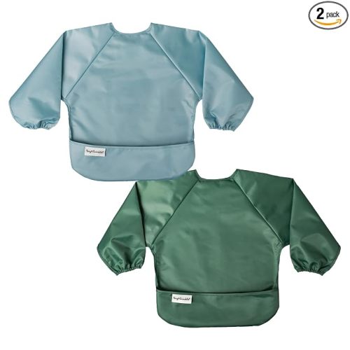 Tiny Twinkle Long Sleeve Bib for Babies & Toddlers | 2-Pack Waterproof Smock Bib for Eating | Machine Washable & Mess-Proof Feeding Essentials | Newborn Shower Gift (Slate Olive,6–24M)