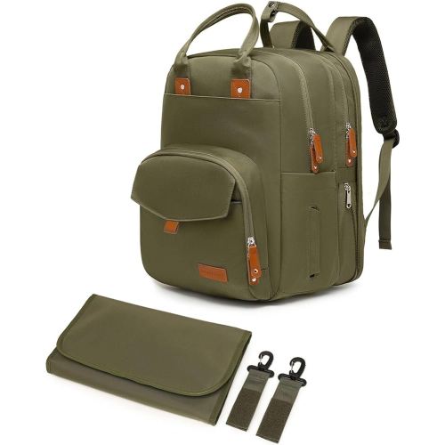 Large Diaper Bag Backpack for Two Kids Twins - Expandable Baby Bag (26-36L), Dual Big Compartments - Includes Changing Pad & Stroller Straps, Unisex Green