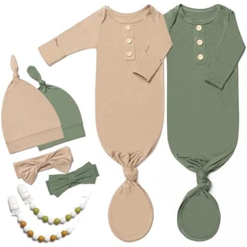 2PK Silky Soft Newborn Knotted Gown, Snuggly Infant Sleeper for Baby Girls, Sleepwear Set with Mittens, Bowknot, Clip and Hat