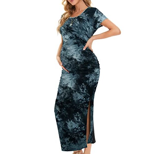 Smallshow Women's Split Long Maternity Dress Short Sleeve Ruched Pregnancy Clothes