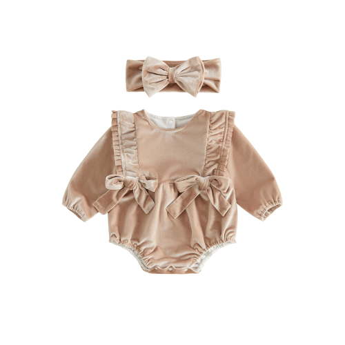Baby Girl Christmas Clothes Bow Velvet Long Sleeve Smocked Bubble Romper Bodysuit Headband Set Newborn Infant Fall Winter Outfits