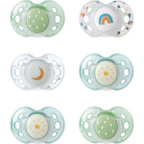 Tommee Tippee Night Time Glow in The Dark Pacifiers, Symmetrical Design, BPA-Free Silicone, 18-36 Months, Pack of 6 Pacifiers