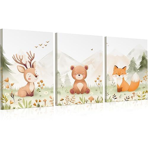 Woodland Nursery Wall Art – Set of 3 Neutral 12×16” Animal Canvas Prints (Deer, Bear, Fox), Printed from Original Hand-Drawn Illustrations, Framed & Ready-to-Hang Baby Room Decor for Boys & Girls