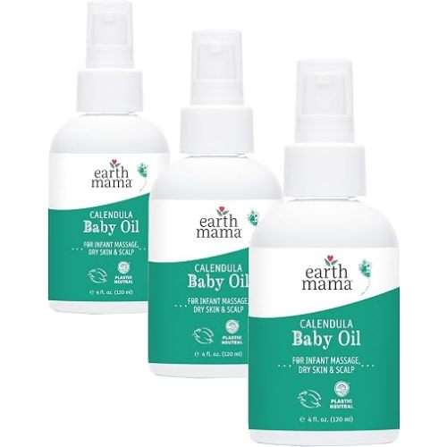 Earth Mama Calendula Baby Oil - Body and Massage Oil for Newborns and Infants - 4 fl oz - Fragrance-Free - Dry Skin & Scalp Moisturizer (Pack of 3)