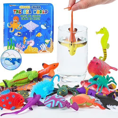 Color Changing Mold Free Bath Toys for Toddlers Kids, Color Change Sea Creatures Ocean Animal Toys & Glow in The Dark Toy with Bath Book(13 Pack), Water Table Toys Rubber Fish Toys for Kids Bathtub