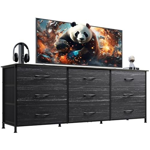 WLIVE Dresser TV Stand for 75 Inch TV, 9 Drawer Dresser, Black Wood Grain | Fits TVs up to 75 inch, 9 roomy fabric drawers, Wide wood tabletop, Living room or bedroom, Chest of drawers