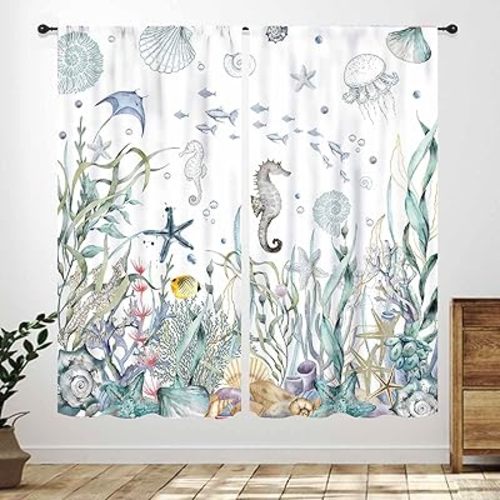 Nautical Beach Curtains,Coastal Seahorse Undersea Animal Blue Bedroom Kids Room Drapes Treatments,Ocean Coral Summer Living Room Bathroom Window Curtains 2 Piece Set,42X45 Inch, Green Purple
