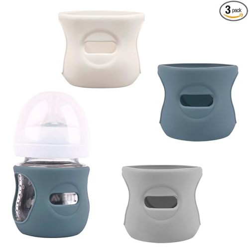 3 Pack Silicone Sleeves for Avent Natural Glass Baby Bottles, Anti Breakage Baby Bottle Holder, Compatible Philips Avent Glass Natural Baby Bottle 4 oz(Grey+Dark Blue+Apricot)