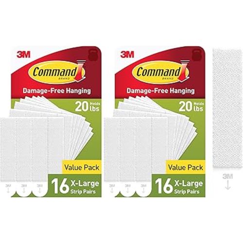 Command XL Heavyweight Picture Hanging Strips, 20 lb Capacity, 32 Pairs (64 Strips), White Adhesive, Damage-Free Wall Hangers for Home Decor
