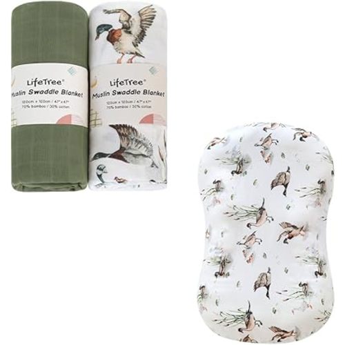 LifeTree Muslin Swaddle Blankets Neutral, 70% Viscose from Bamboo and 30% Cotton, Large 47 x 47 inches and Baby Lounger Cover 1 Pack Mallard Duck/Olive Green