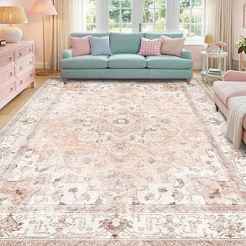 CAPALOCA Machine Washable Rugs Nursery Rug 9x12 Area Rugs Girl Non Slip Low Pile Water Repellent Soft Print Pattern for Bedroom Indoor Decor Kids Playroom Pink