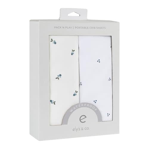 Ely's & Co. Patent Pending Waterproof Pack and Play Sheets, 100% Cotton with Waterproof Lining – 2 Pack Fitted Mini Crib Sheet Set, Berry and Cluster Dot (Blue) 38” x 24”