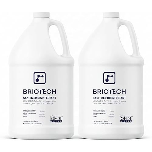 BRIOTECH Sanitizer Disinfectant Hypochlorous, Kill 99.99% of Viruses & Bacteria, Control Mold, Eliminate Odor, Gentle for Nursery & Play Rooms, Food Contact Surface Sanitizer, 1 Gallon Refill (2 Pack)