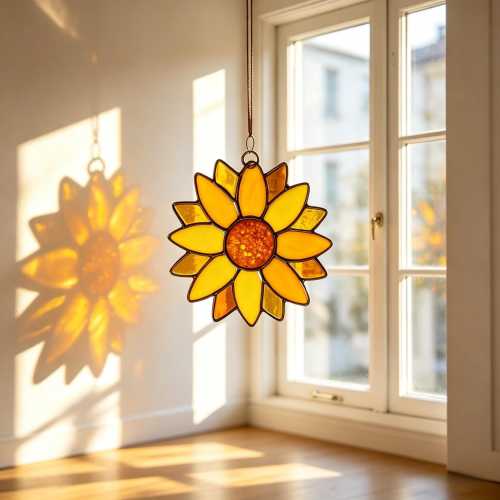 Round Yellow Sunflower Stained Glass Suncatcher, Golden Sunflower Window Hanging, Bright Farmhouse Floral Decor for Sunroom, Birthday Gift