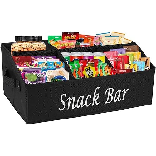 Snack Organizer for Countertop, Fabric Snack Bar Station with Handles, 6 Compartment Container, Black