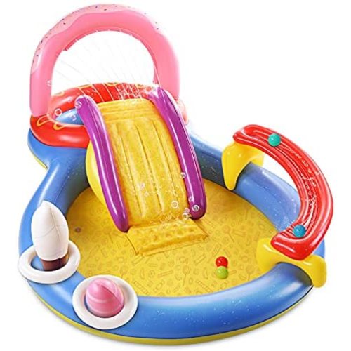 Inflatable Play Center, Hesung 115" X 70" X 44" Full-Sized Kiddie Pool with Slide, Fountain Arch, Ball Roller for Toddler, Kids, Thick Wear-Resistant Big Above Ground, Garden Backyard Water Park