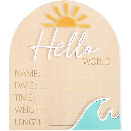 Sun Wave Hello World Wooden Board - Summer Newborn Birth Announcement,The Big One Wave Information Record Card,Hello World Hospital Bulletin Sign,Nursery Milestone Board Photo Props