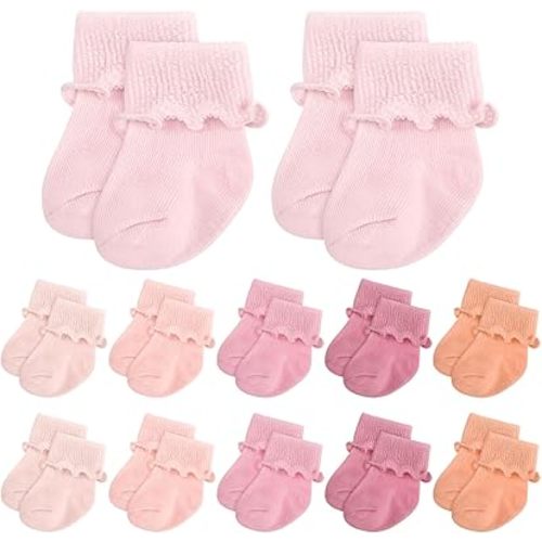 Toulite 12 Pairs Preemie Newborn Baby Ankle Socks Ruffle Turn Cuff Cotton Non-slip Warm Socks for Girls and Boys Infant