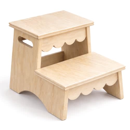 CAALMA Toddler Step Stool, Wooden Step Stool for Toddlers, Scalloped Kids Step Stool for Bathroom, Bedroom & Kitchen, Non Slip A-Shaped Toddler Bathroom Step Stool, Montessori Two Step Stool for Kids