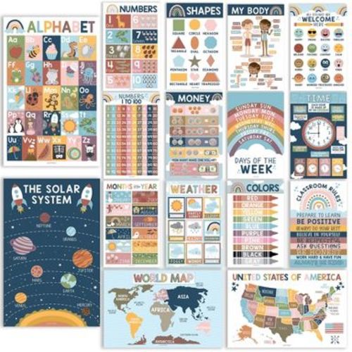 Hadley Designs Boho Preschool Educational Laminated Posters For Toddlers, Set of 16