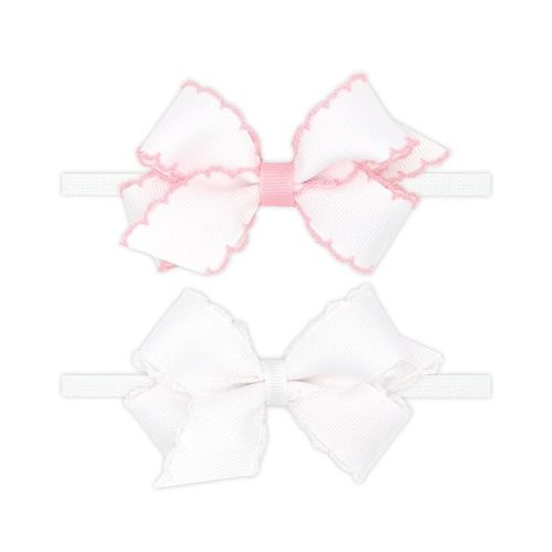Wee Ones Girls' GIFT PACK Two Mini Moonstitch Grosgrain Bows on Skinny Nylon Band, Mini, Light Pink and White
