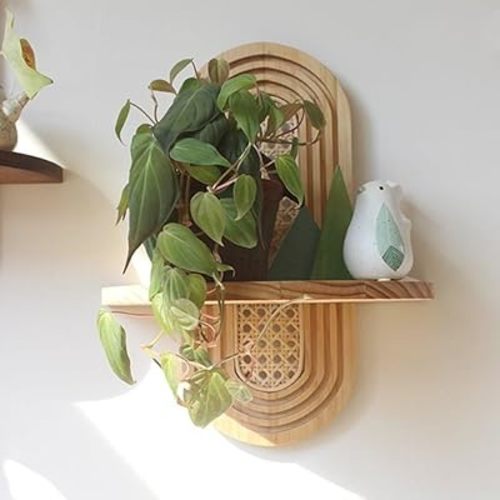 Arch Rattan Floating Shelf, Mid-Century Wood Wall Mounted, Bohemian Hanging Shelf, Modern Rattan Wall Shelf, Arch Wall Decor for Bedroom Living Room Display(Nature)
