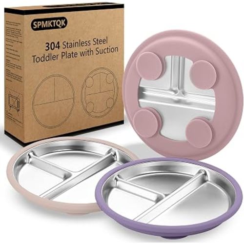 SPMKTQK 3 Pack Stainless Steel Kids Plates, Suction Divided, Baby Feeding