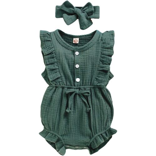 YOUNGER TREE Toddler Baby Girl Ruffled Sleeveless Romper Casual Summer Jumpsuit Cotton Linen Clothes