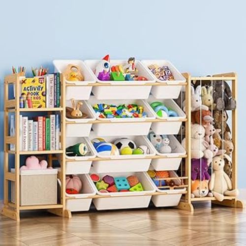 Toy Storage Organizer with Bookshelf and Stuffed Animal Storage - Kids Playroom Organization with Shelves and 12 Toy Bins - Toddler Living Room Toy Box for Lego - Nursery Bedroom Decor Essentials