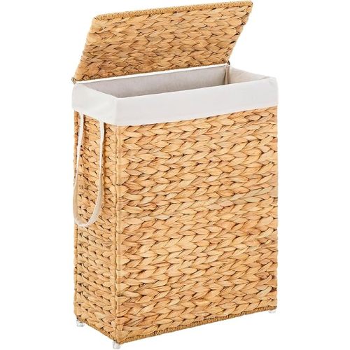 Handwoven Slim Laundry Hamper with Lid, 55L Natural Water Hyacinth Basket and Handles, Narrow Wicker Laundry Basket with Removable Liner Bag & 2 Mesh Bags