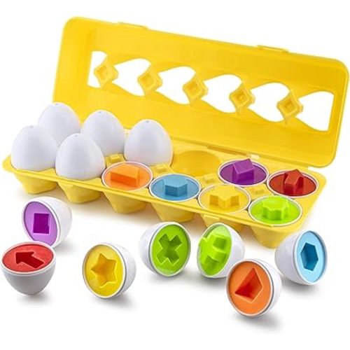 Play Brainy Shape and Color Matching Eggs – Easter Egg Toy – Educational Montessori STEM Toy for Toddlers and Preschoolers – Great for Color and Shape Recognition Development – Set of 12 Shape Eggs,