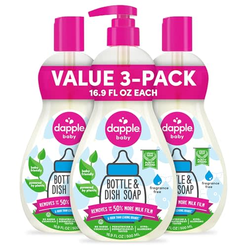 Dapple Baby Fragrance Free Bottle & Dish Soap - (3 Pack) 16.9 fl oz - Cleans Baby Bottles, Sippy Cups, Pacifiers, Breast Pumps, & More - Gently Removes Milk Film & Odors - Includes 1 Pump