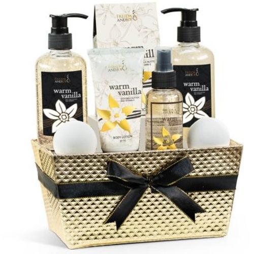 Spa Gift Basket Warm Vanilla Bath and Body Gift Set for Women & Men in Gold Basket - Shower Gel, Bubble Bath, Bath Bombs, Lotion, Body Mist & More