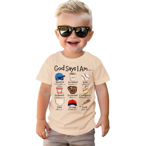 GLIGLITTR God Says I Am Baseball Christian Shirt Toddler Boy Girl Jesus Bible Verse Religious T-Shirt Kids Graphic Tee Tops