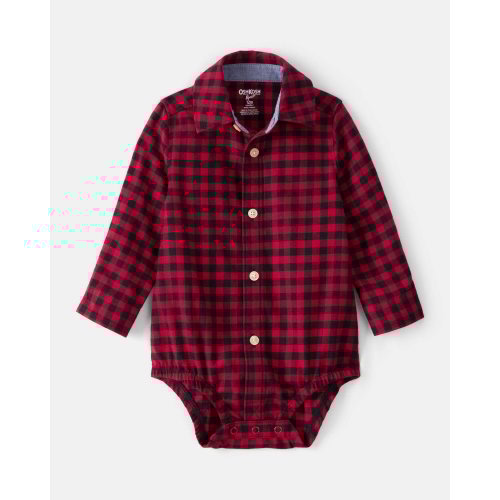 Baby Boy Plaid Cotton Long-Sleeve Button-Down Fashion Bodysuit - Red - OshKosh | Carter's